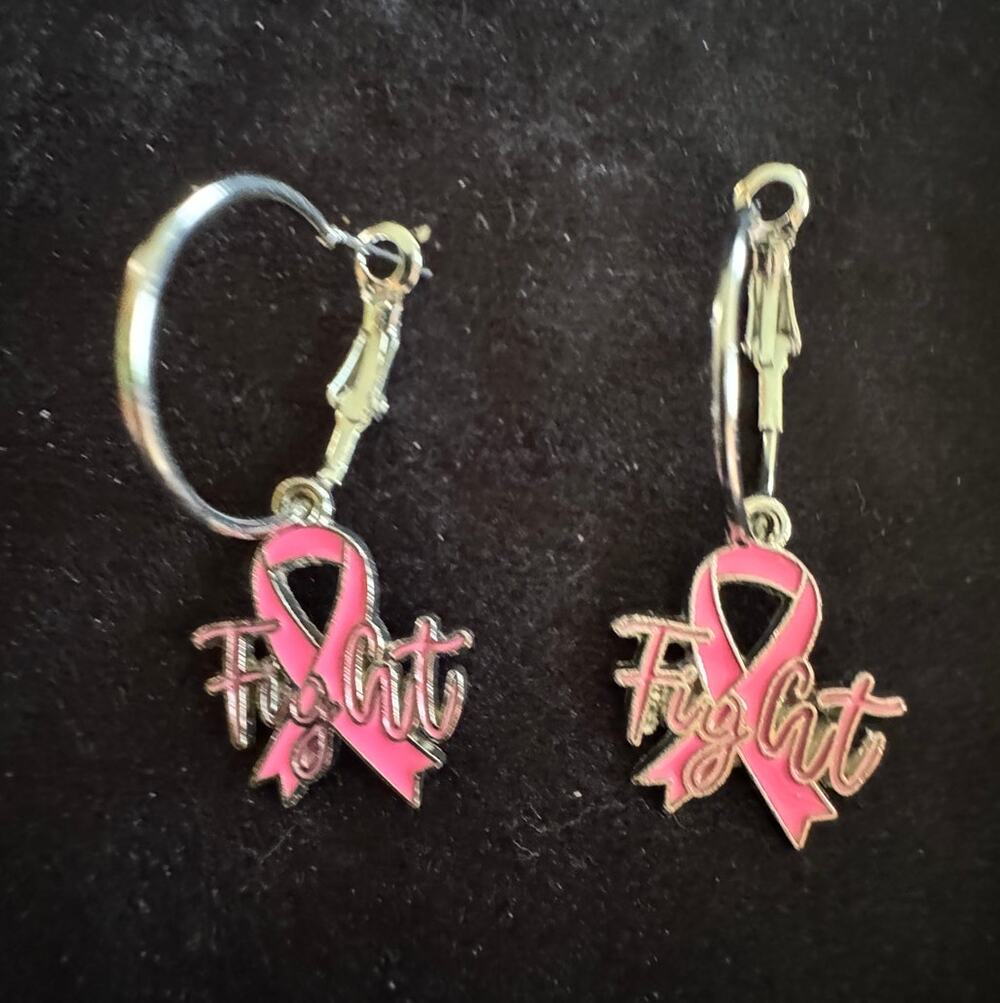Breast Cancer Awareness Hoop Earrings Pink Ribbon Fight Silver Jewelry E220